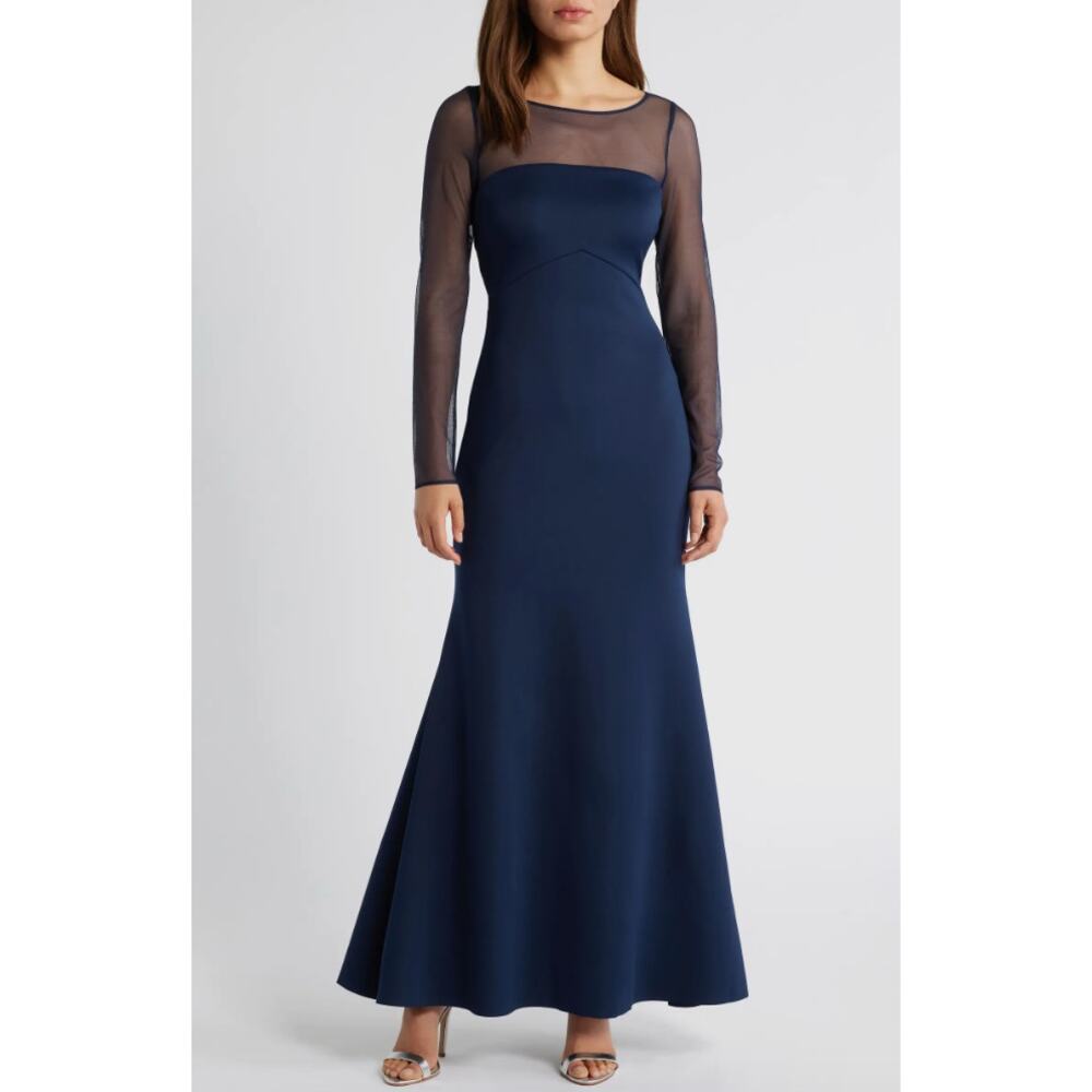 Eliza J Rosette Mesh Trim Long Sleeve Gown Maxi Dress Formal Navy US 14 NWT
